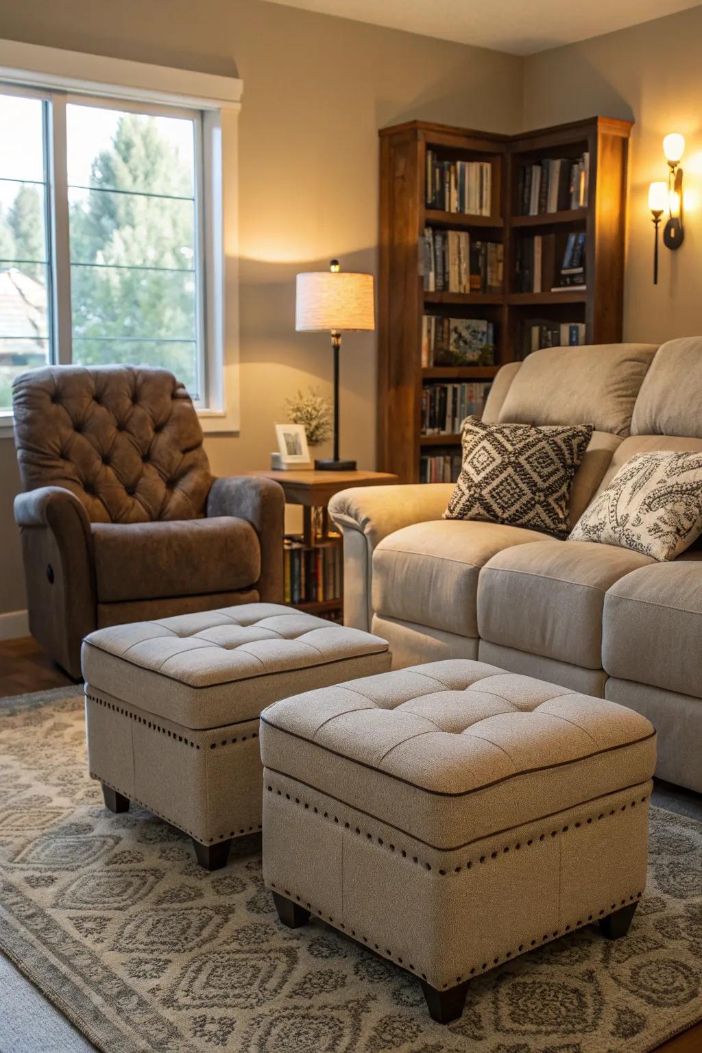 An inviting dwelling space featuring cushioned footrests that augment the reclining sofa's allure.