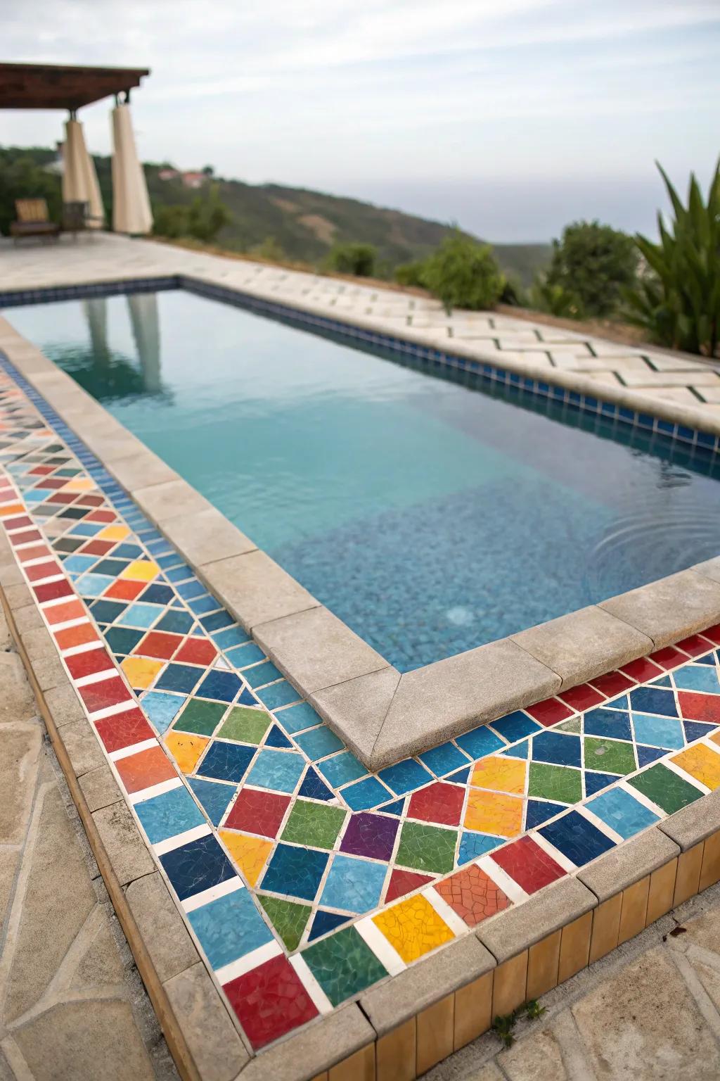 Chromatic mosaic tiles append a vibrant impression to the pool.