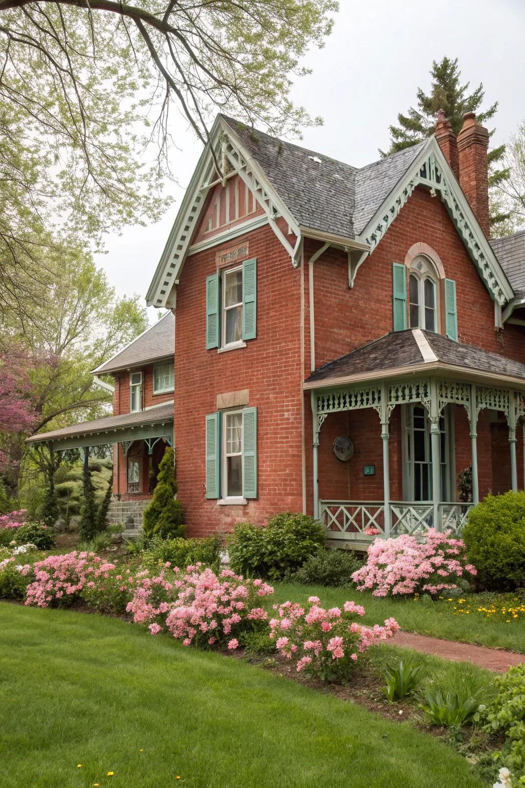 Pastel-colored trim imparts a soft and whimsical touch to red brick exteriors.