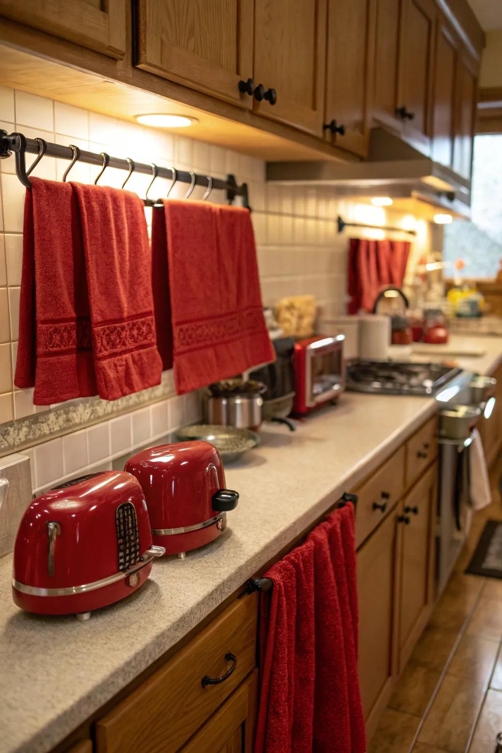 Festive red accents bringing holiday cheer to the kitchen.