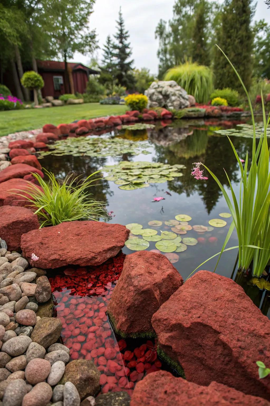 A DIY hydration purifier with scarlet volcanic stones sustains the pond's clarity and health.