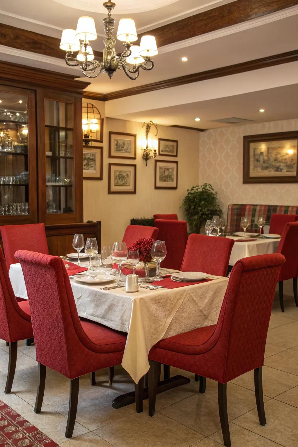 A dining space where red-themed decor prepares the stage for spirited gatherings.