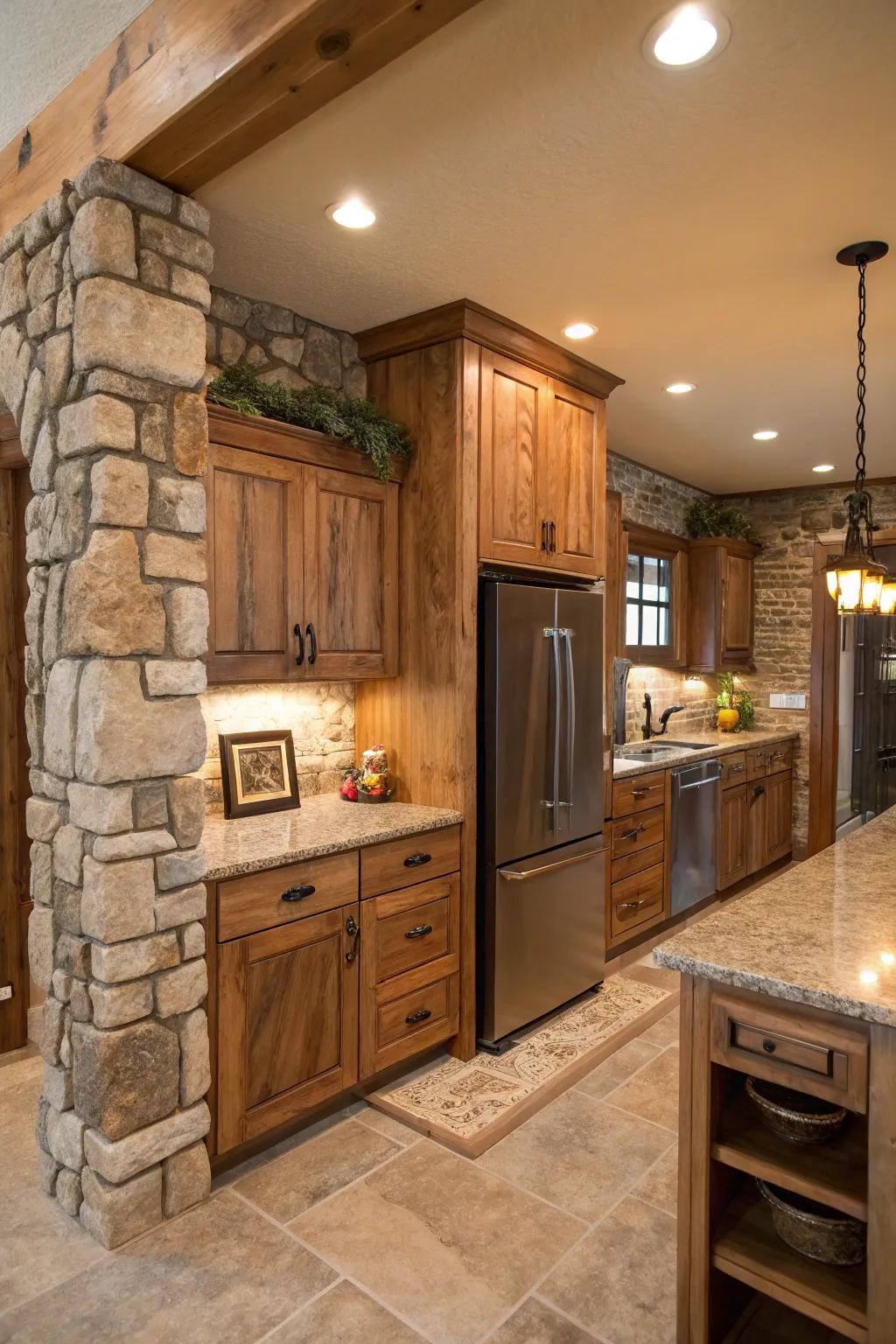 Genuine resources encircling the refrigerator append warmth and feel to the kitchen.