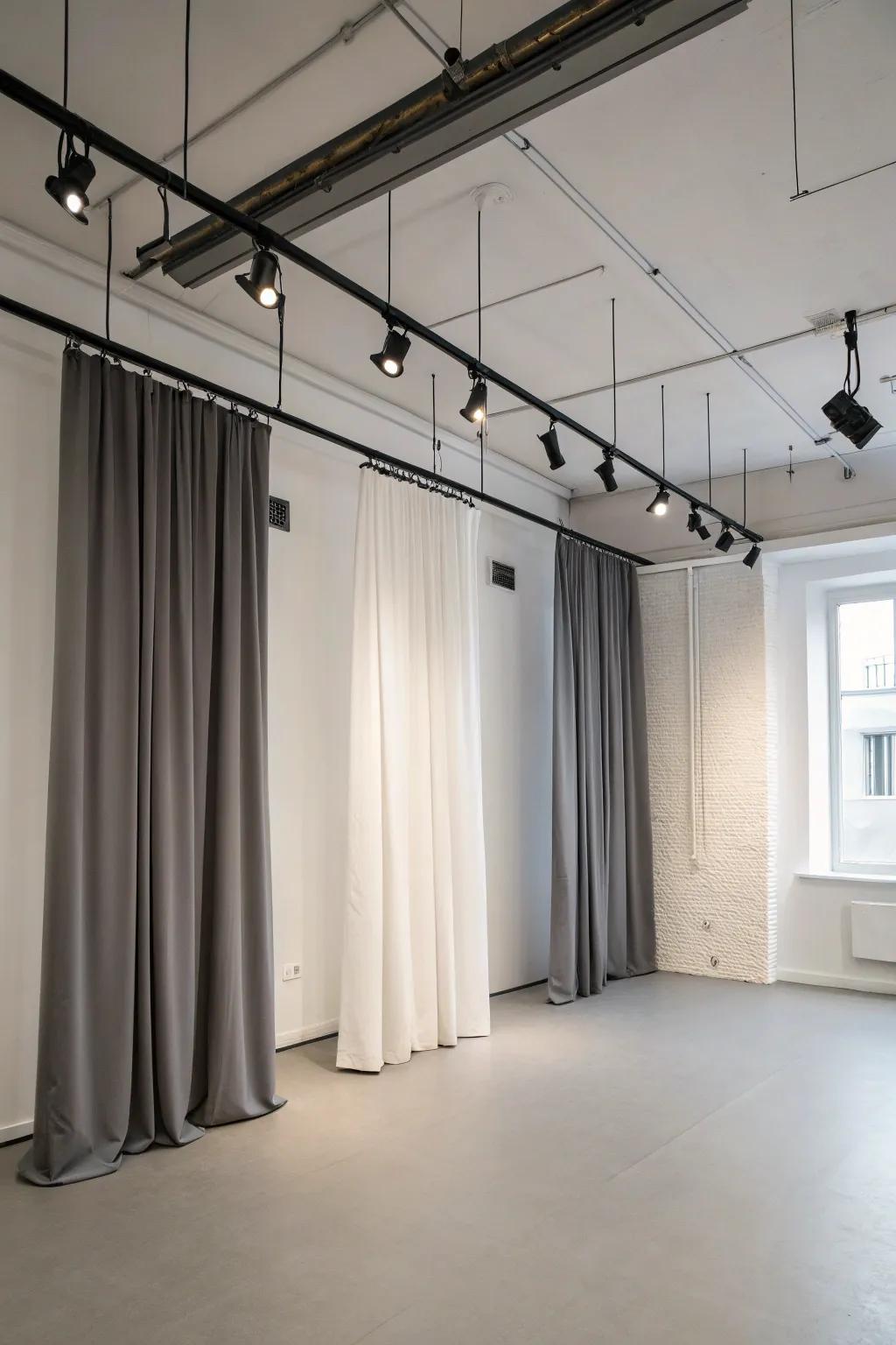 Drape hanging gains a fashionable, modern edge from wire systems.