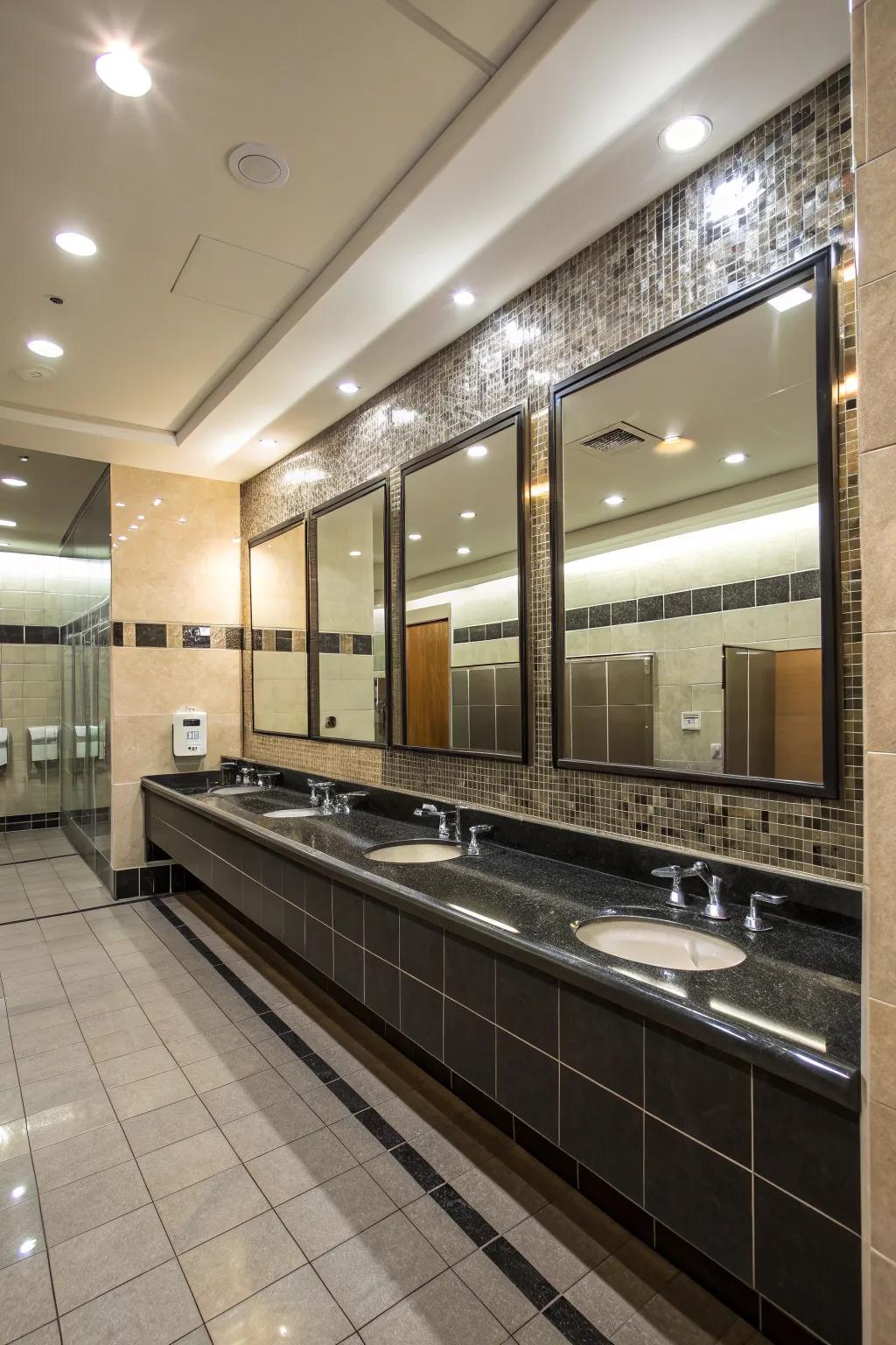 Reflecting surfaces introduce dimension and light to the restroom.