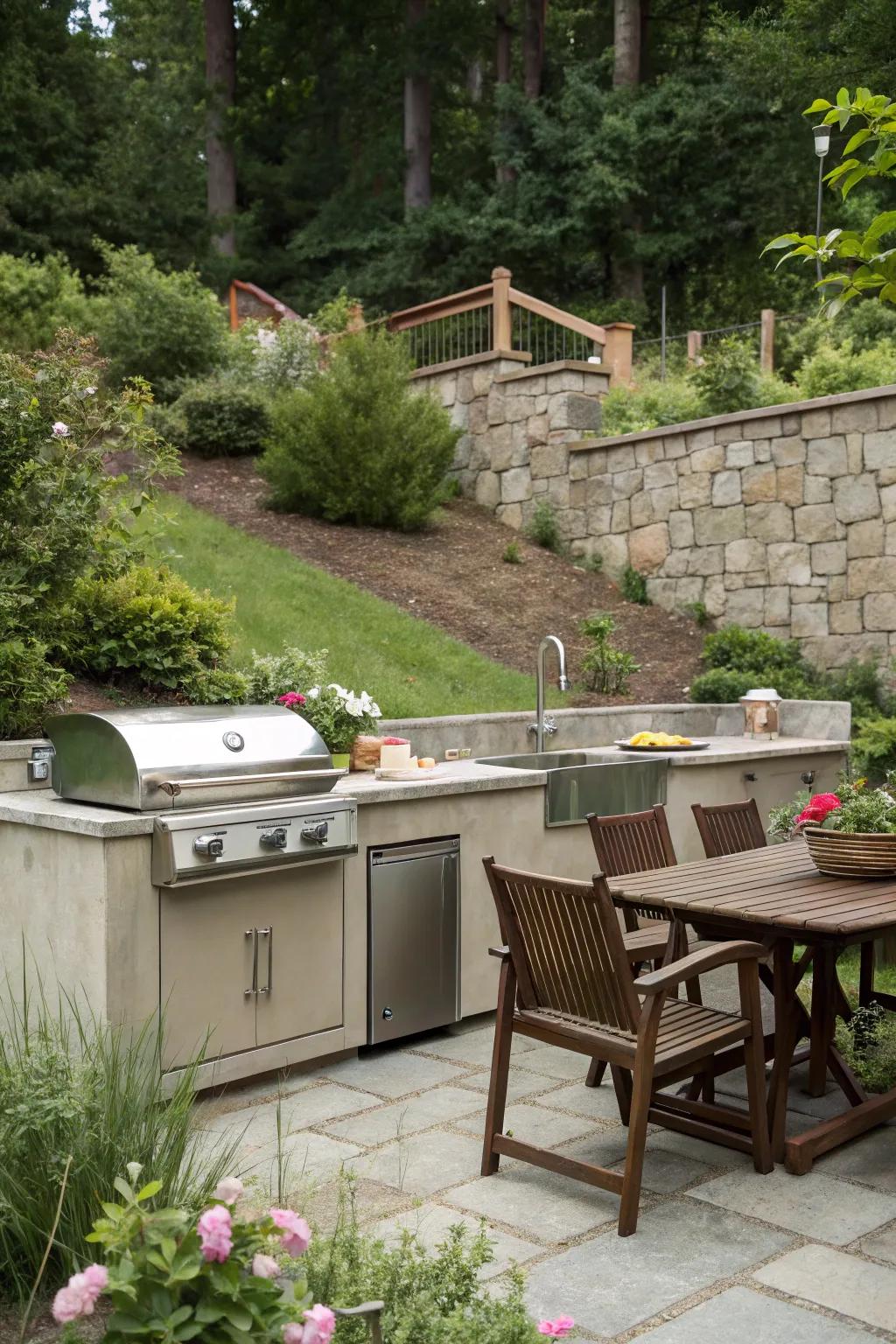 Outdoor cooking area beautifully highlighted by a border wall backdrop.