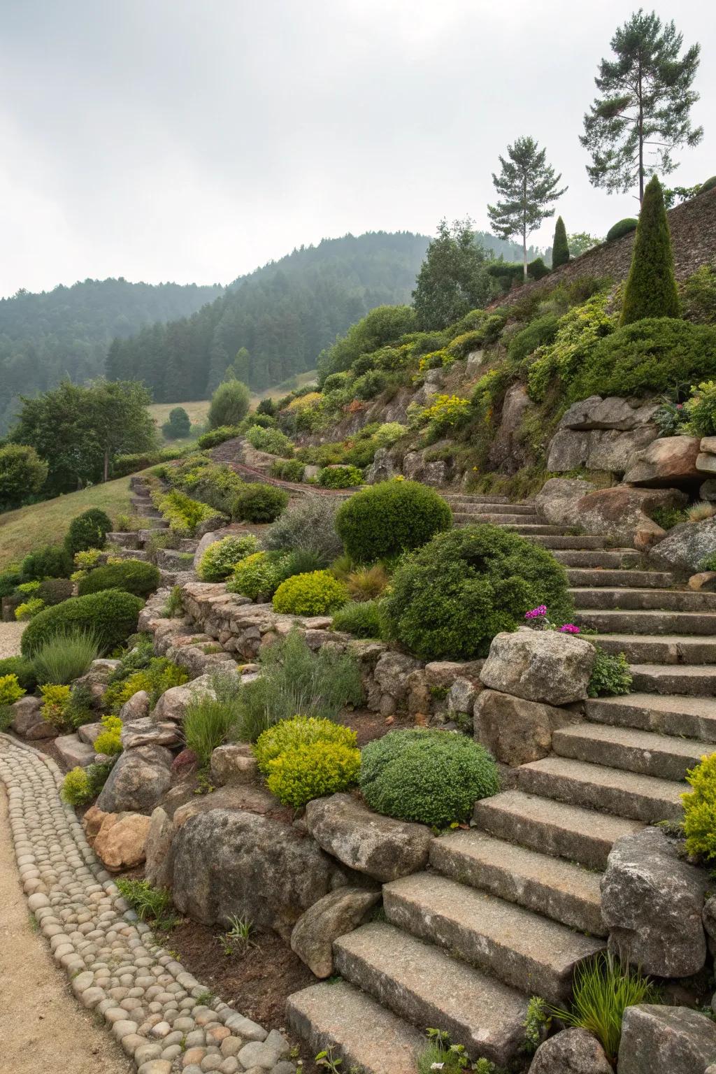 Maximize sloped areas with tiered stone gardens.