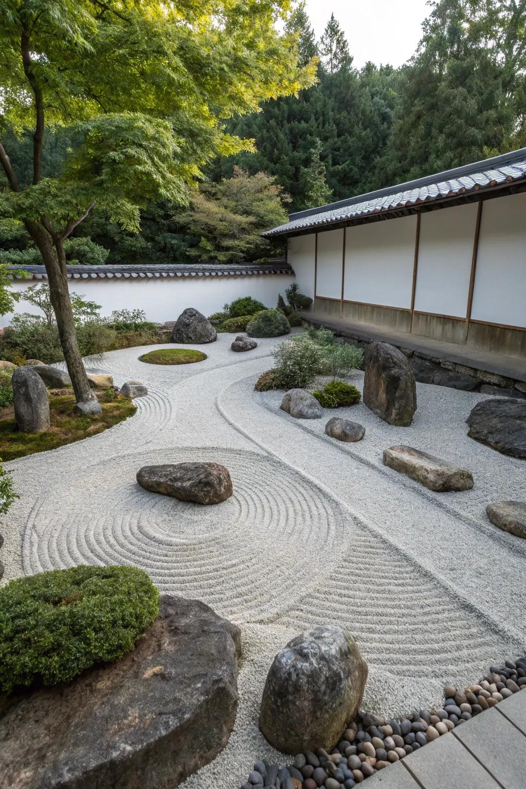 Zen gardens offer a serene escape by using minimalistic stone designs.