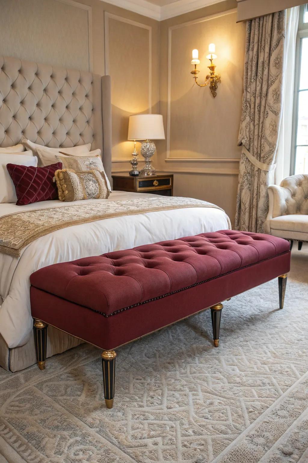 A burgundy cushioned bench adds elegance and extra seating to the bedroom.