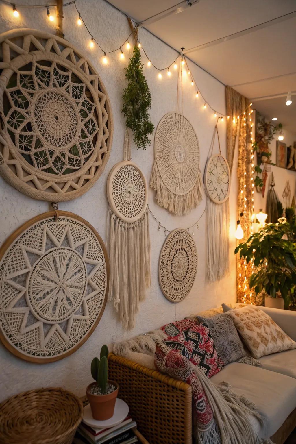 Bohemian styled room displaying macramé wall hangings that add texture.
