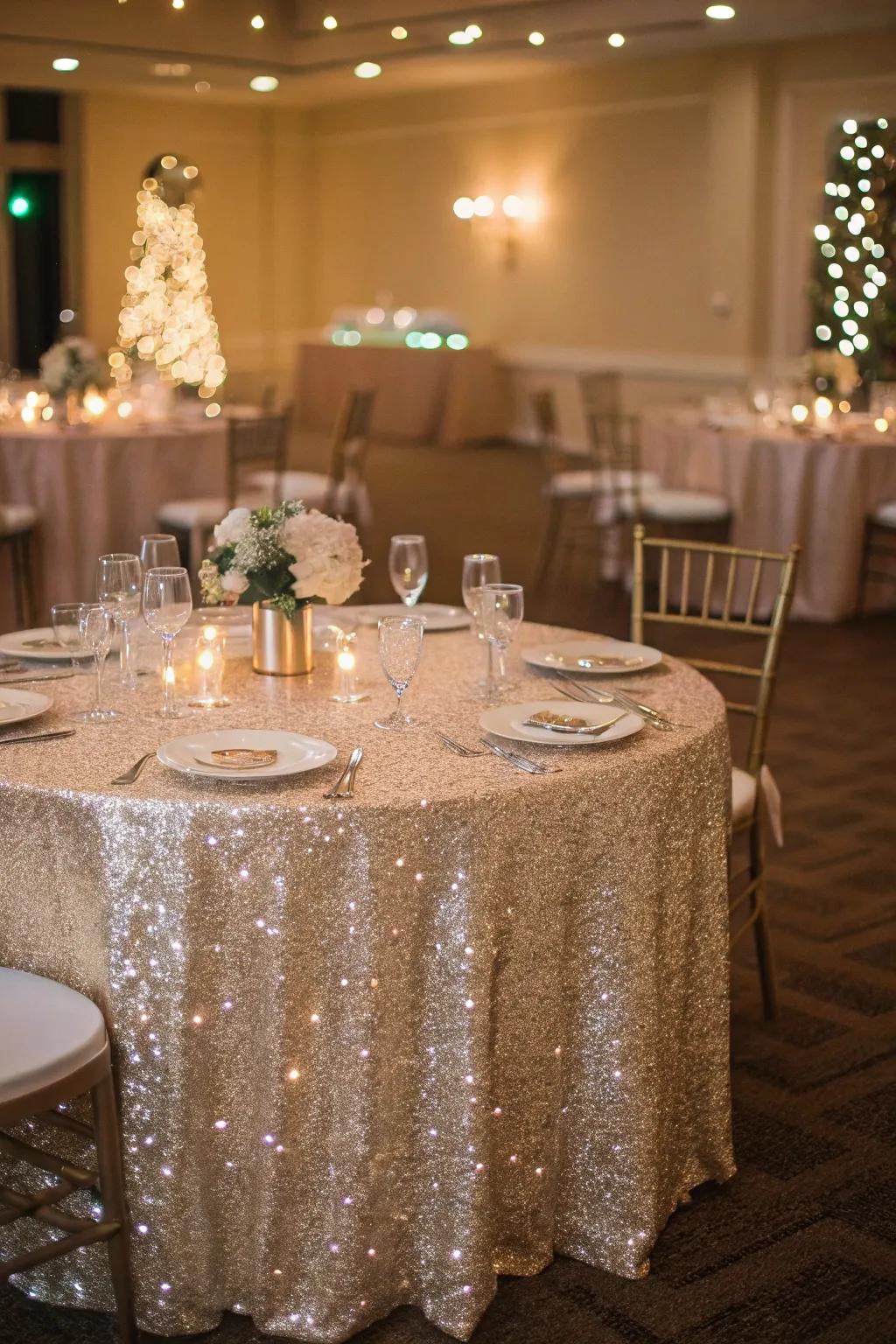 Beaded table covering adding sparkle to a festive wedding.