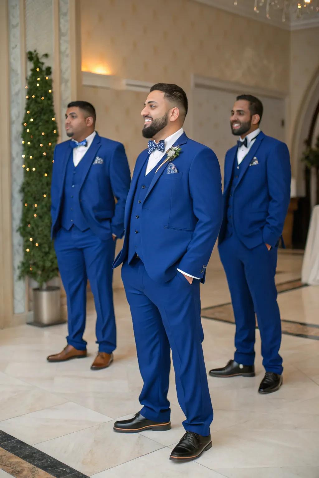 Groom and groomsmen looking sharp in majestic blue.