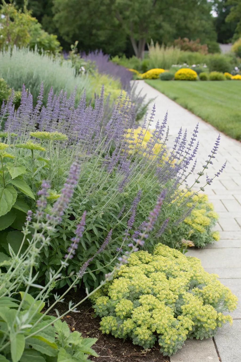 A surprising garden pairing featuring azure blooms and stonecrop.