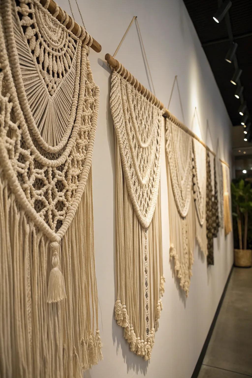 Macramé wall art adds bohemian touch and texture.