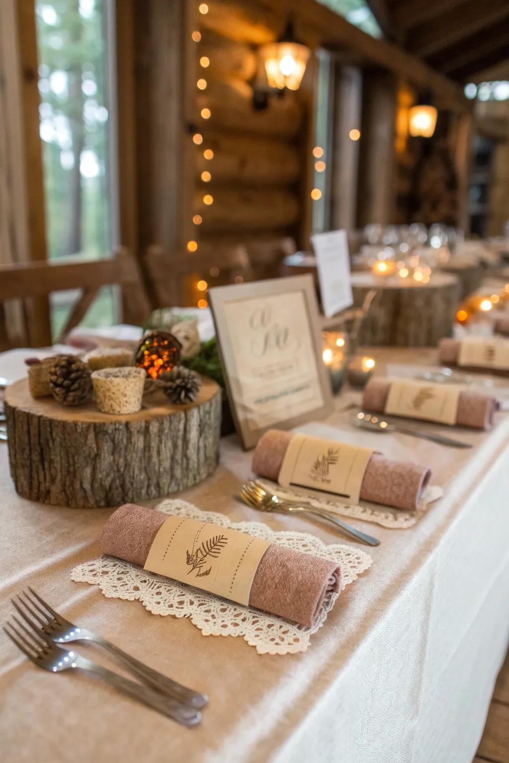 Personal details like napkin rings and place cards enhance the buffet table.