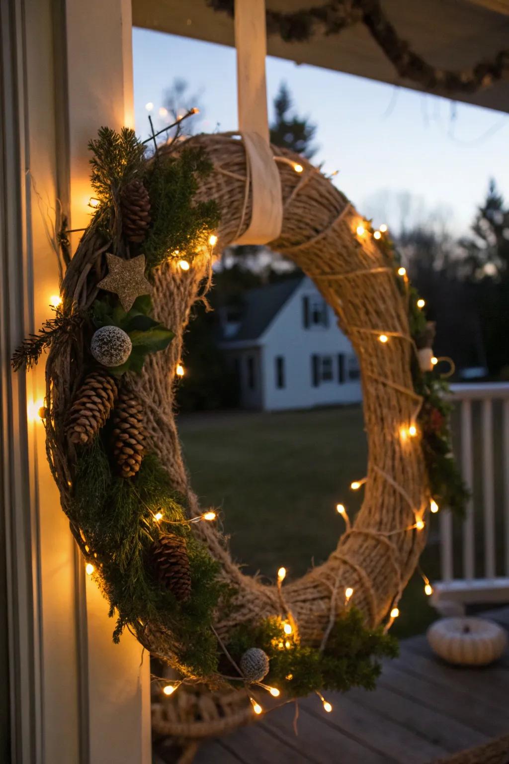 Twine and lights create a magical glow on this wreath.