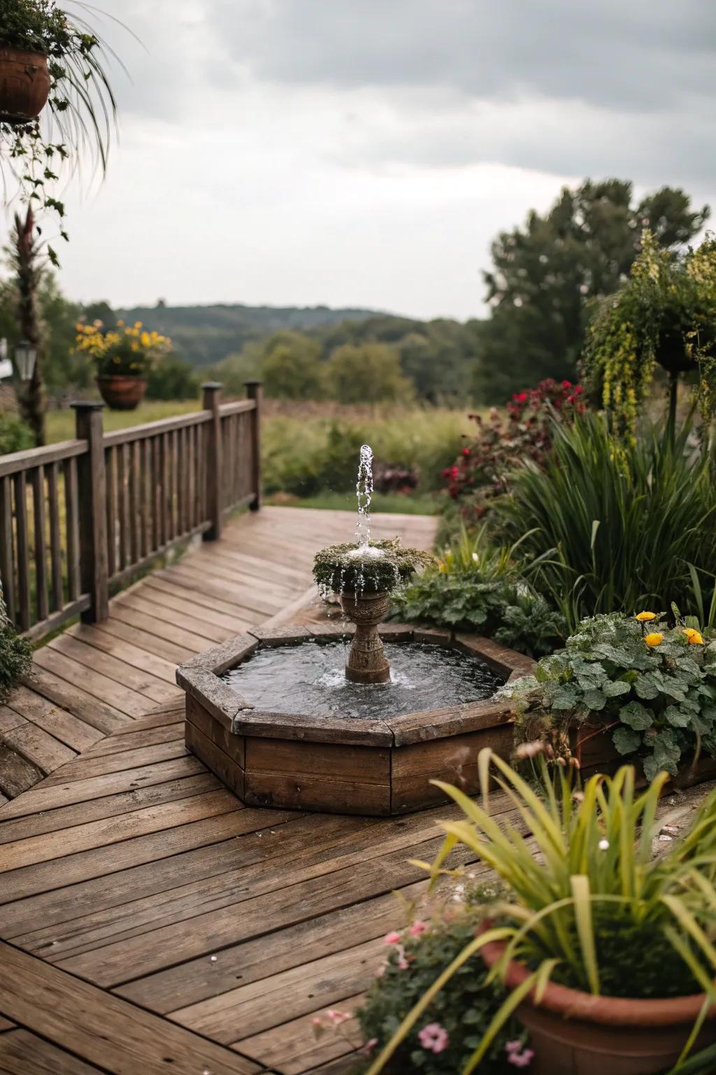 A water element adds tranquility and charm to this deck.