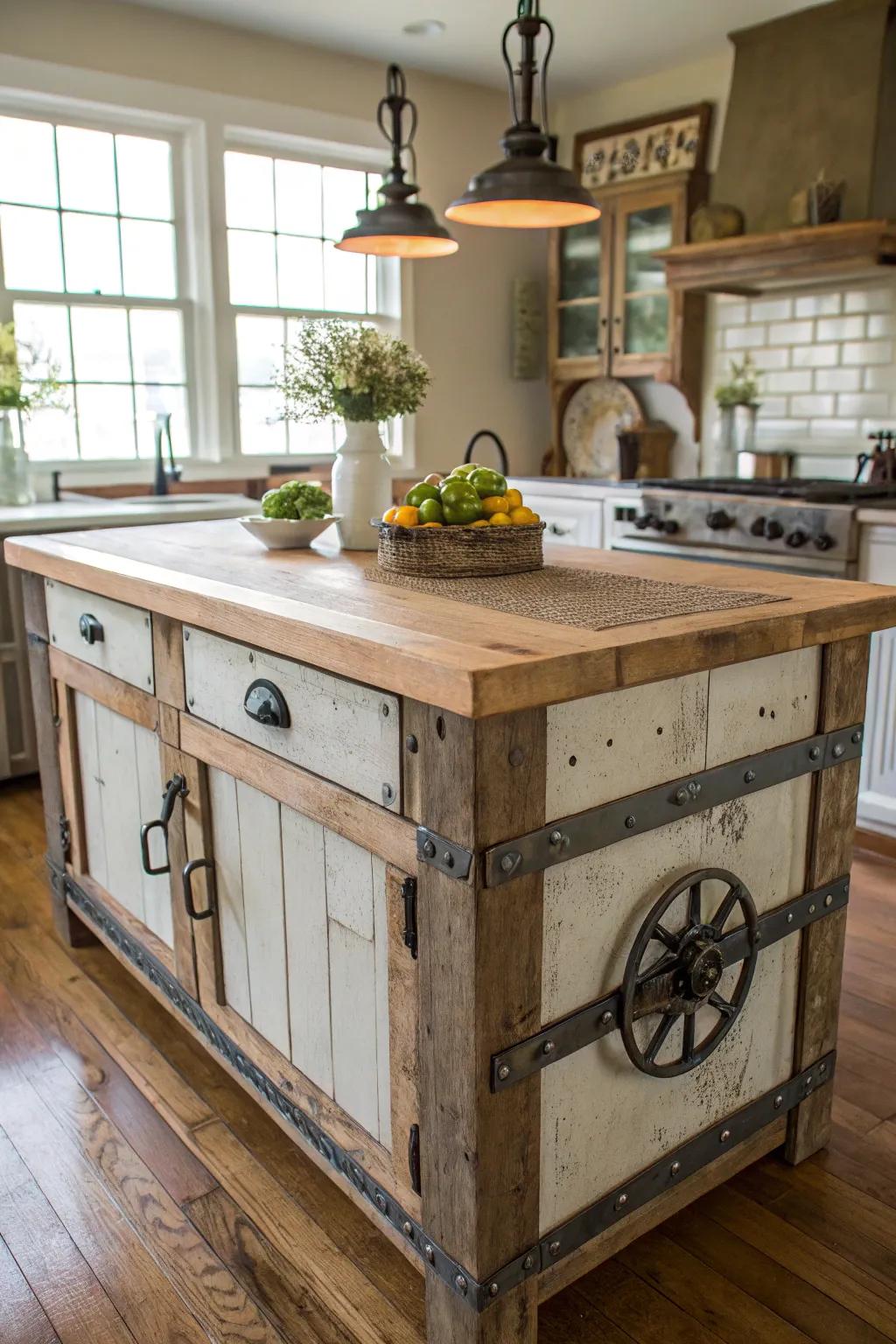 A countryside kitchen island highlighting distressed metal features for an industrial hint.