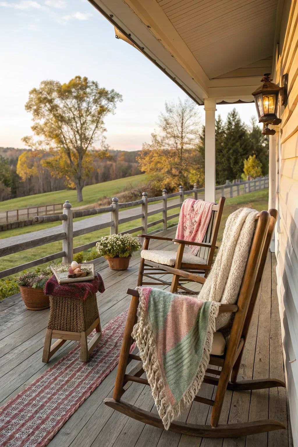Snug covers enhance warmth on this farmhouse porch.