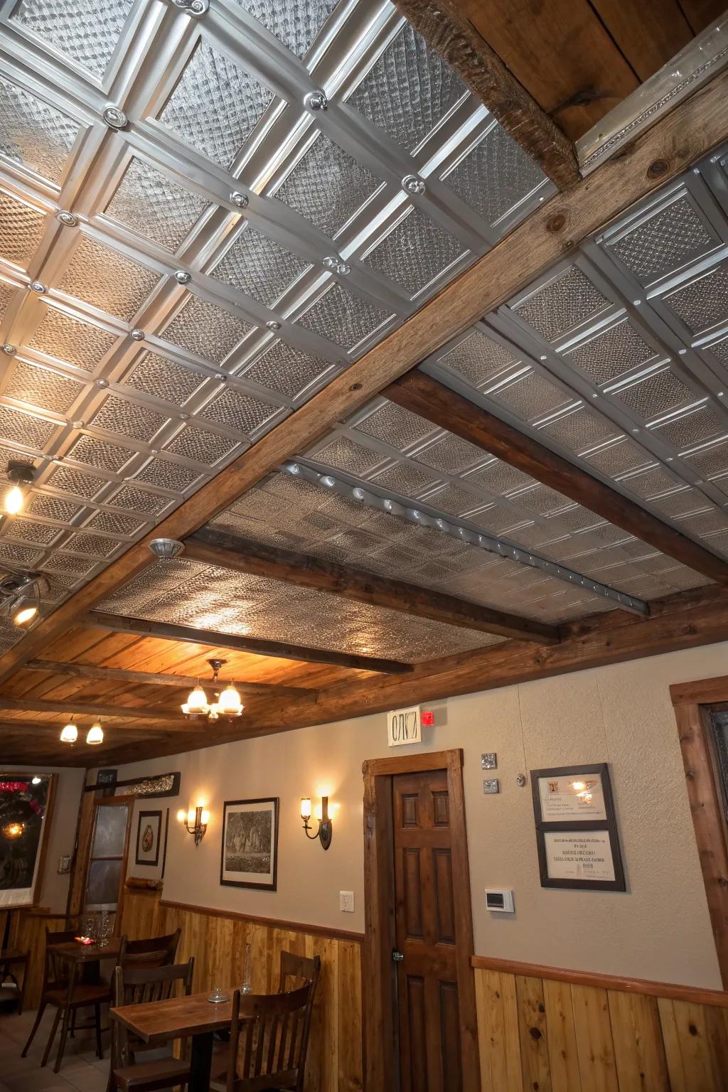 Distinct overhead design showcasing tin and timber panels imparts persona.