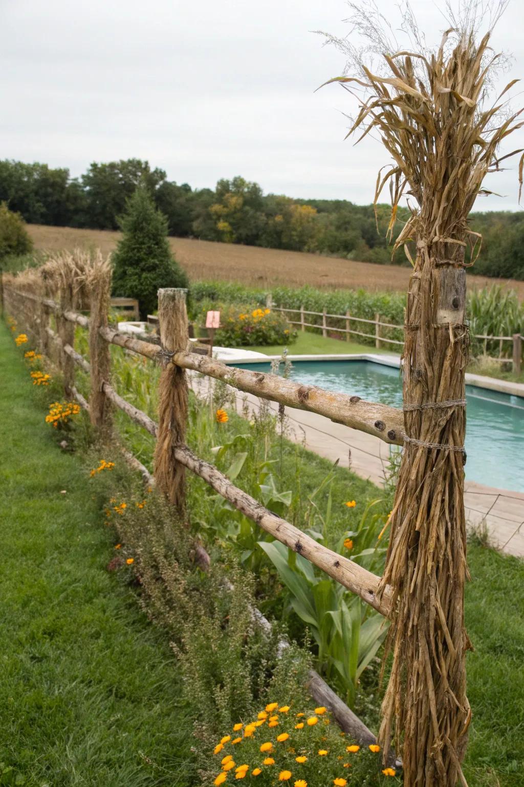 Stalk fencing adding a farm-like charm to the pool area.