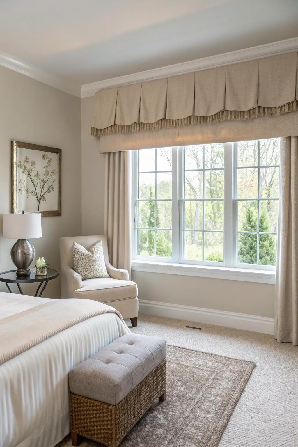 A minimalist guest room magnified by a simple canvas valance.