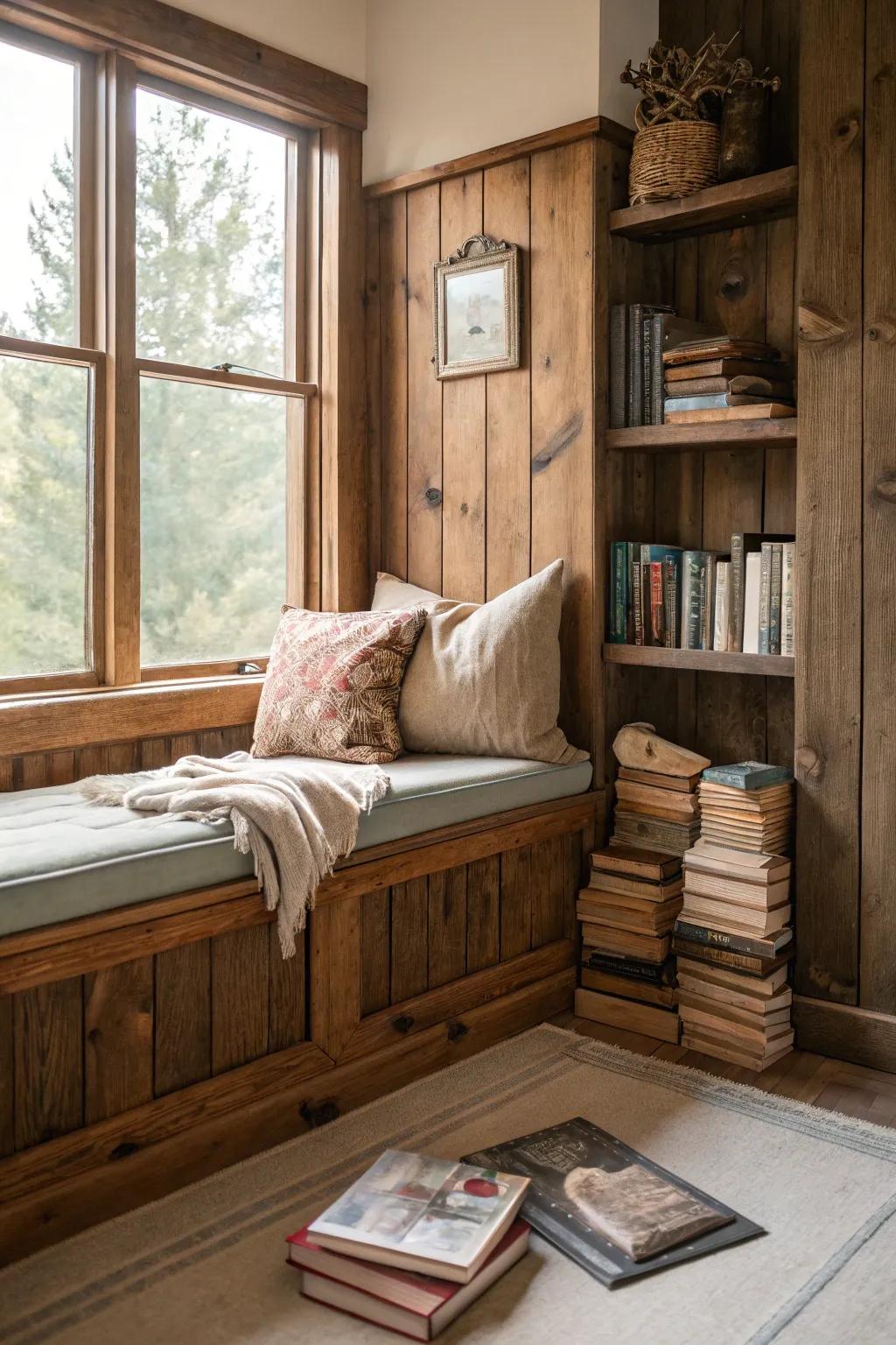 Create a cozy reading space with timber and cushions.