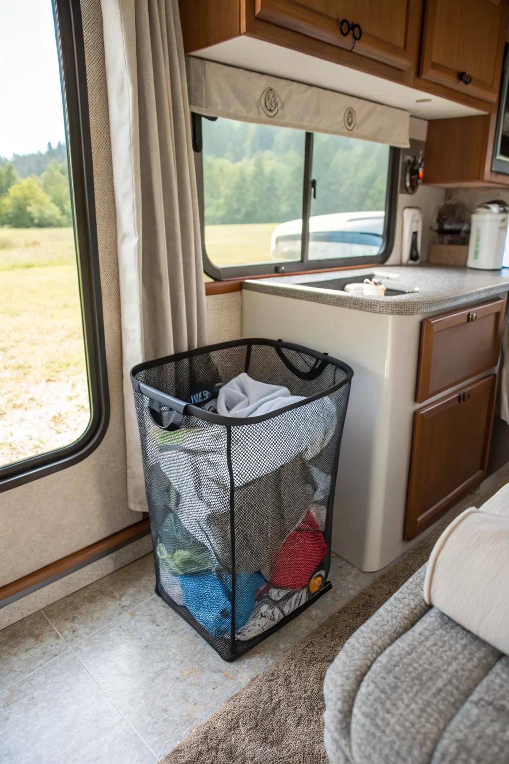 A mesh hamper supports airflow and freshness in the RV.