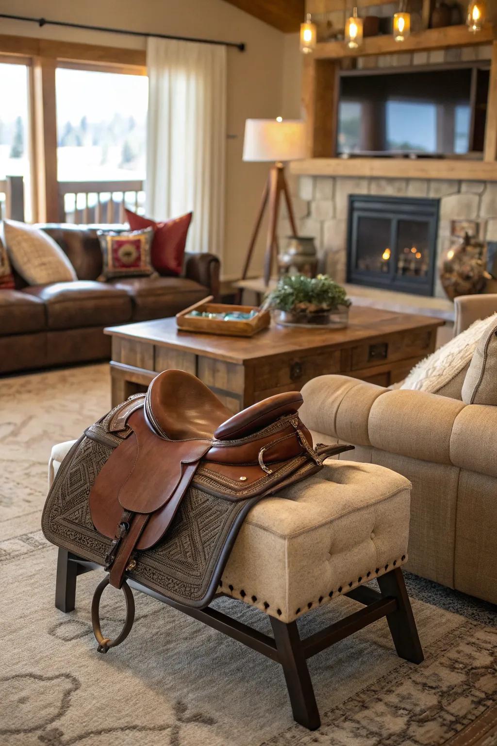 An equestrian footstool introduces a distinctive and cozy element to this living space.