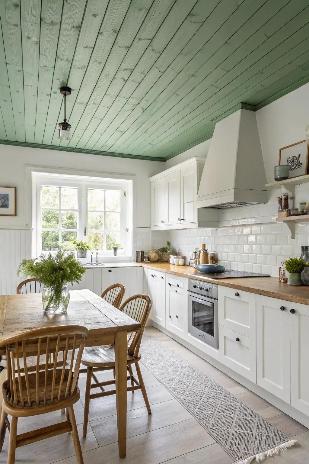 A green tea ceiling adds a unique, calming touch.