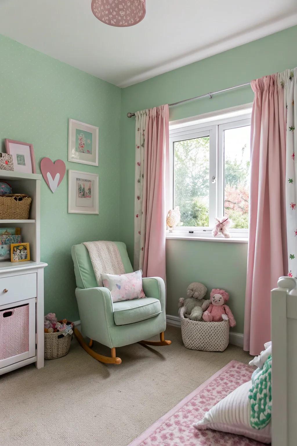 Soft leaf green and pink create a modern and soothing nursery atmosphere.
