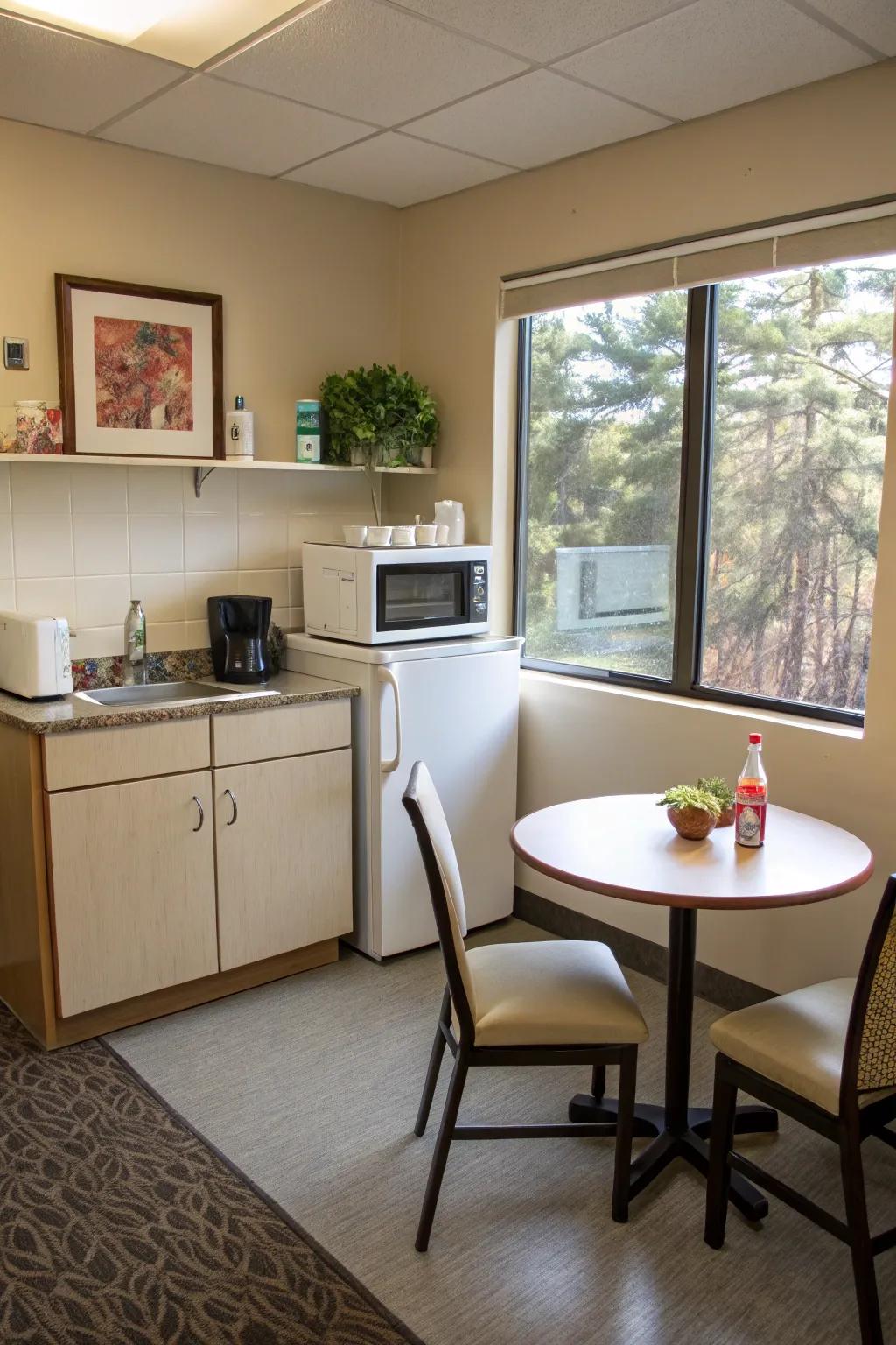 A well-equipped kitchenette supports fast-paced schedules and quick meals.