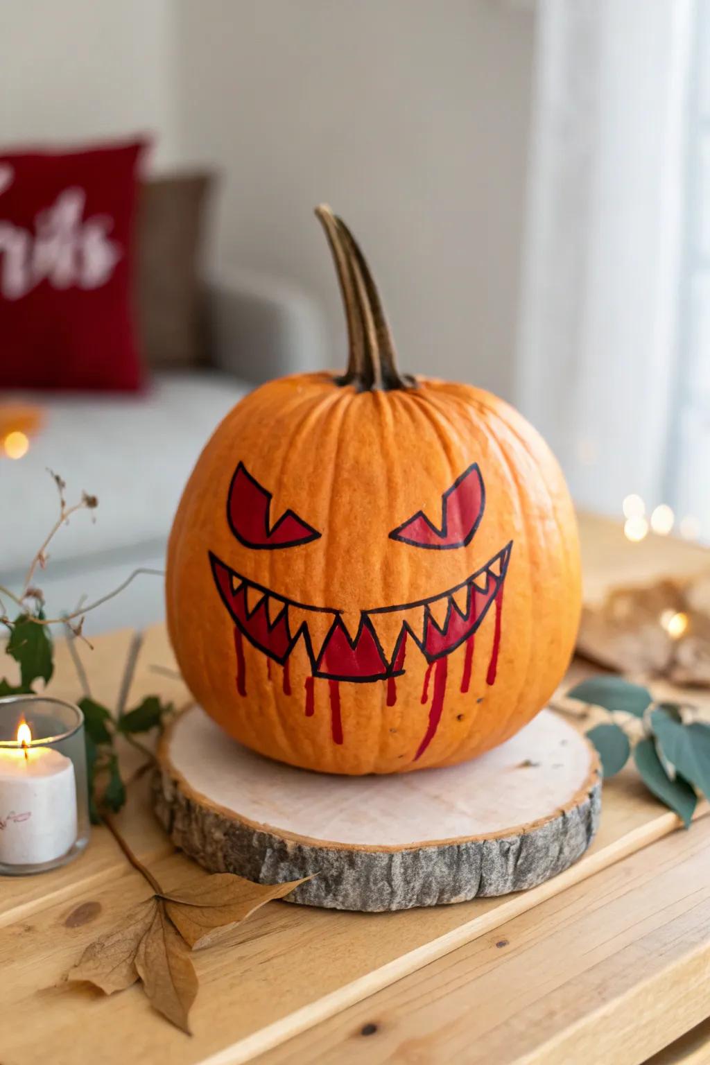 Elegantly eerie: A minimalist vampire pumpkin with a bite of drama.