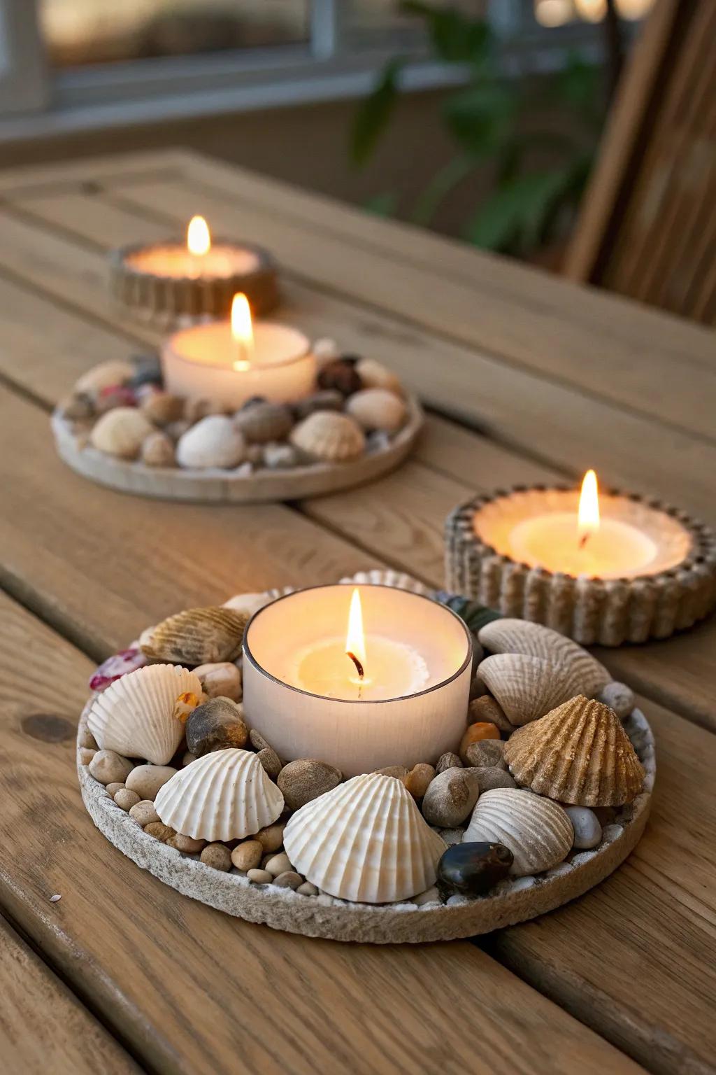 Seashell votive bases usher warmth and coastal allure to whichever setting.