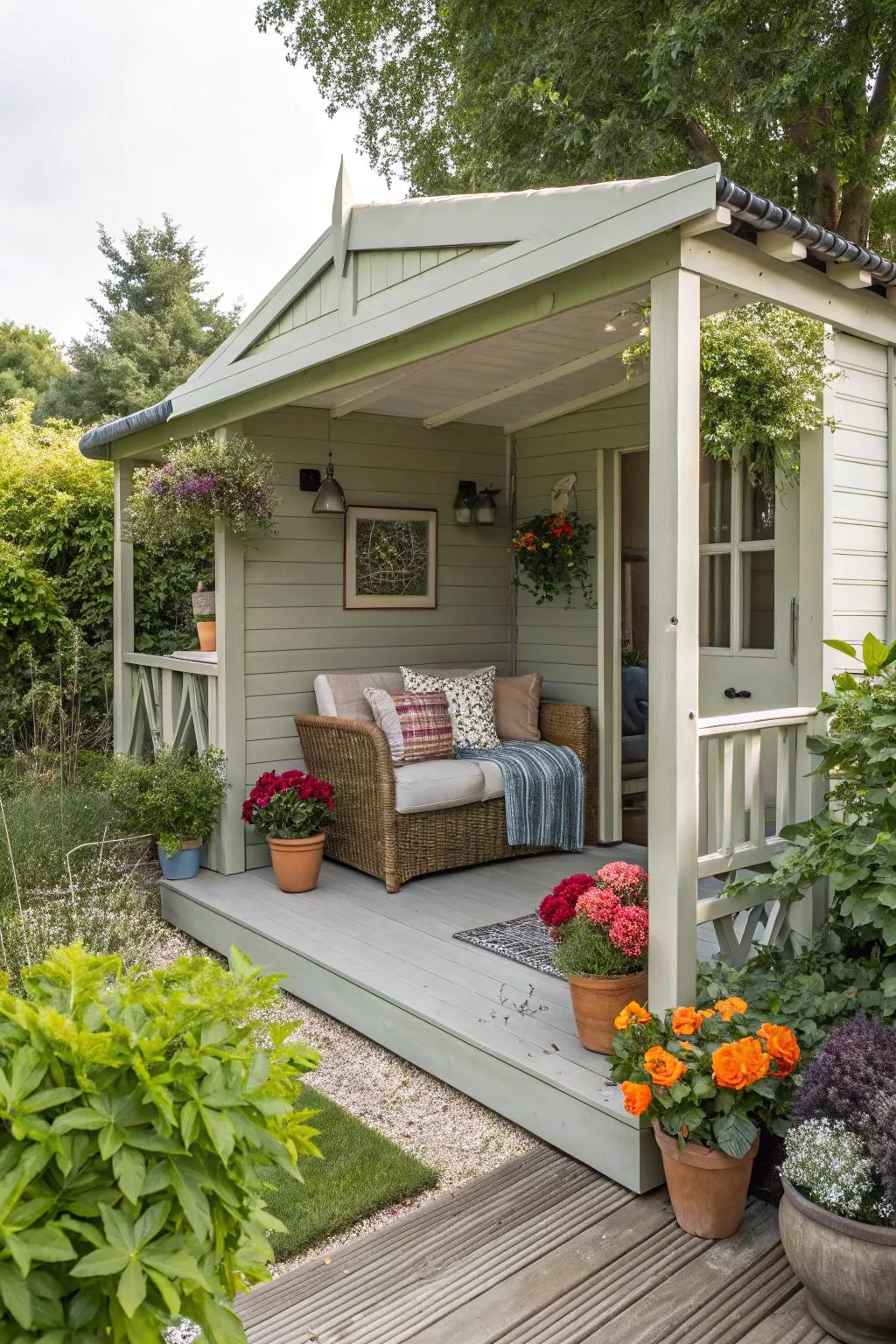A garden shed with a stylish and welcoming veranda.