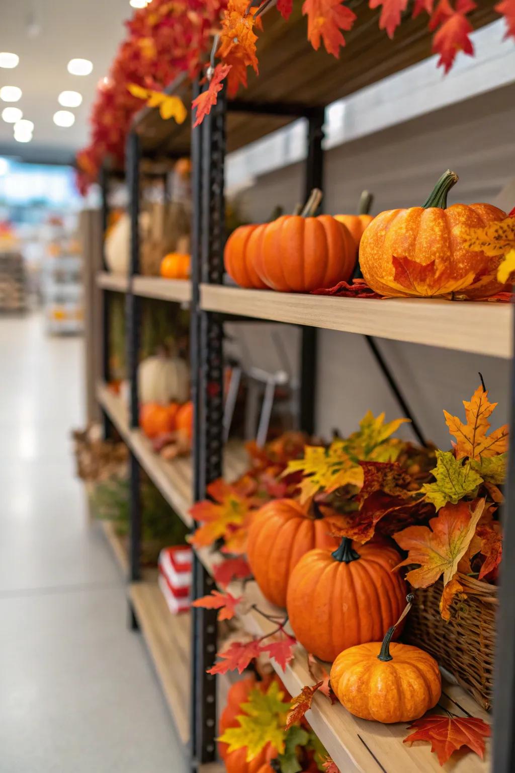 Seasonal elements like gourds and foliage keep the shelf fresh.