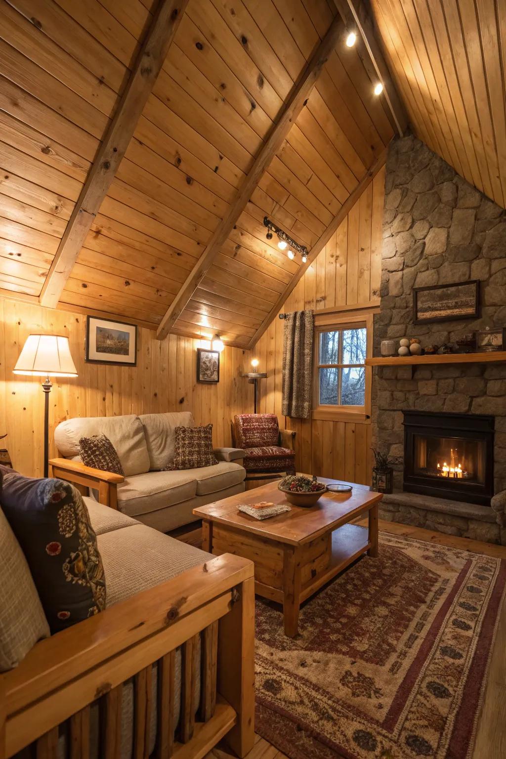 A rustic feel with slender shiplap panels adorning the ceiling.