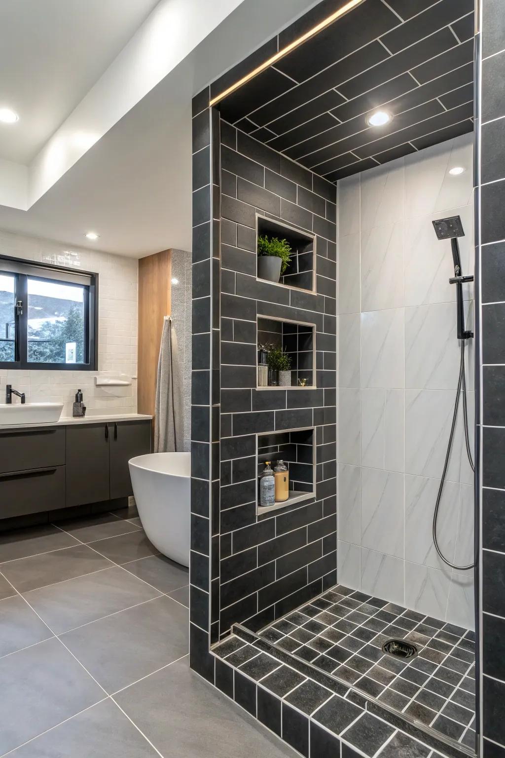 Opposing edge tiles add drama to a shower niche