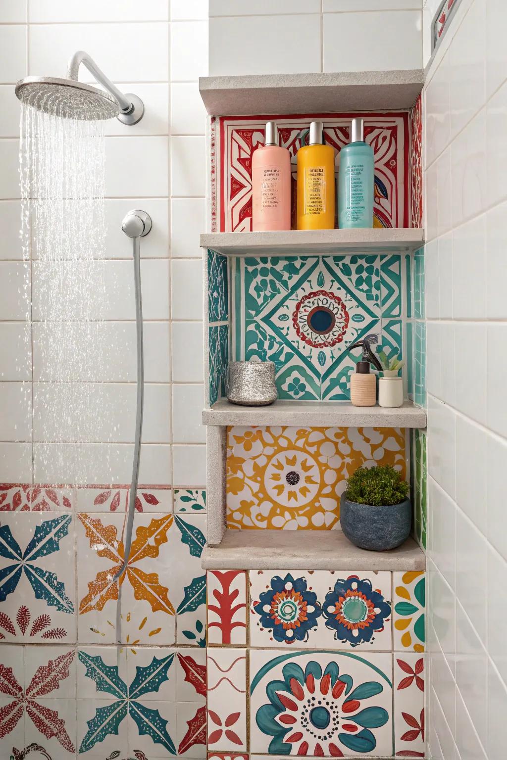 Ceramic tile shelves with striking patterns create an artistic flair.