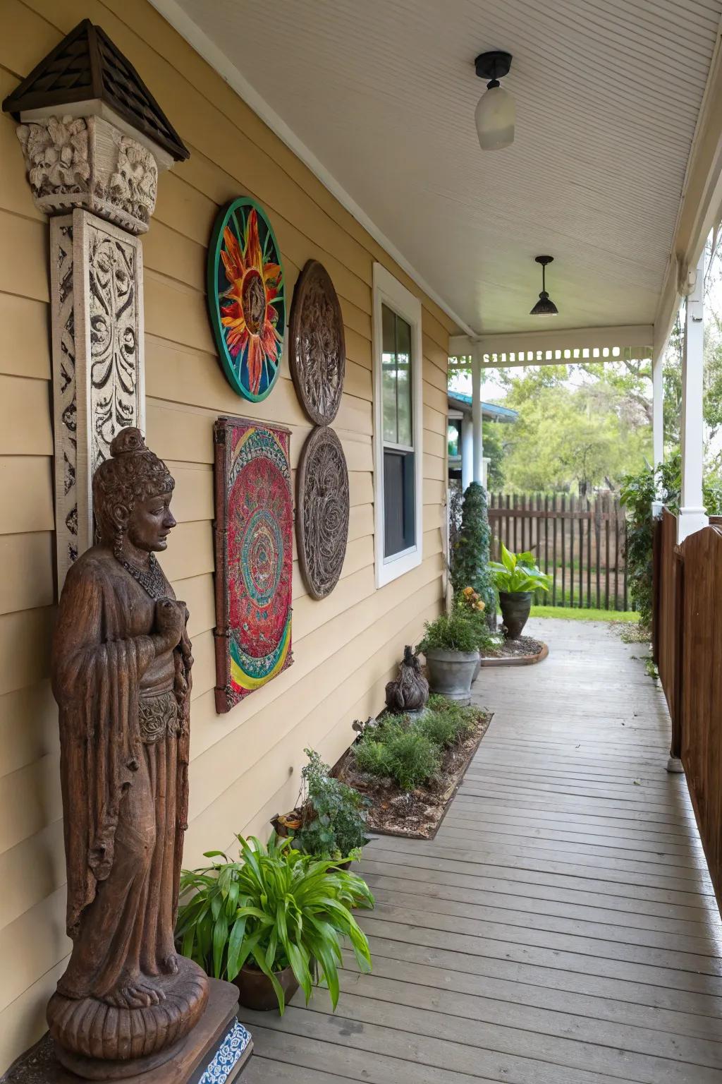 Artistic elements adding elegance to the veranda.