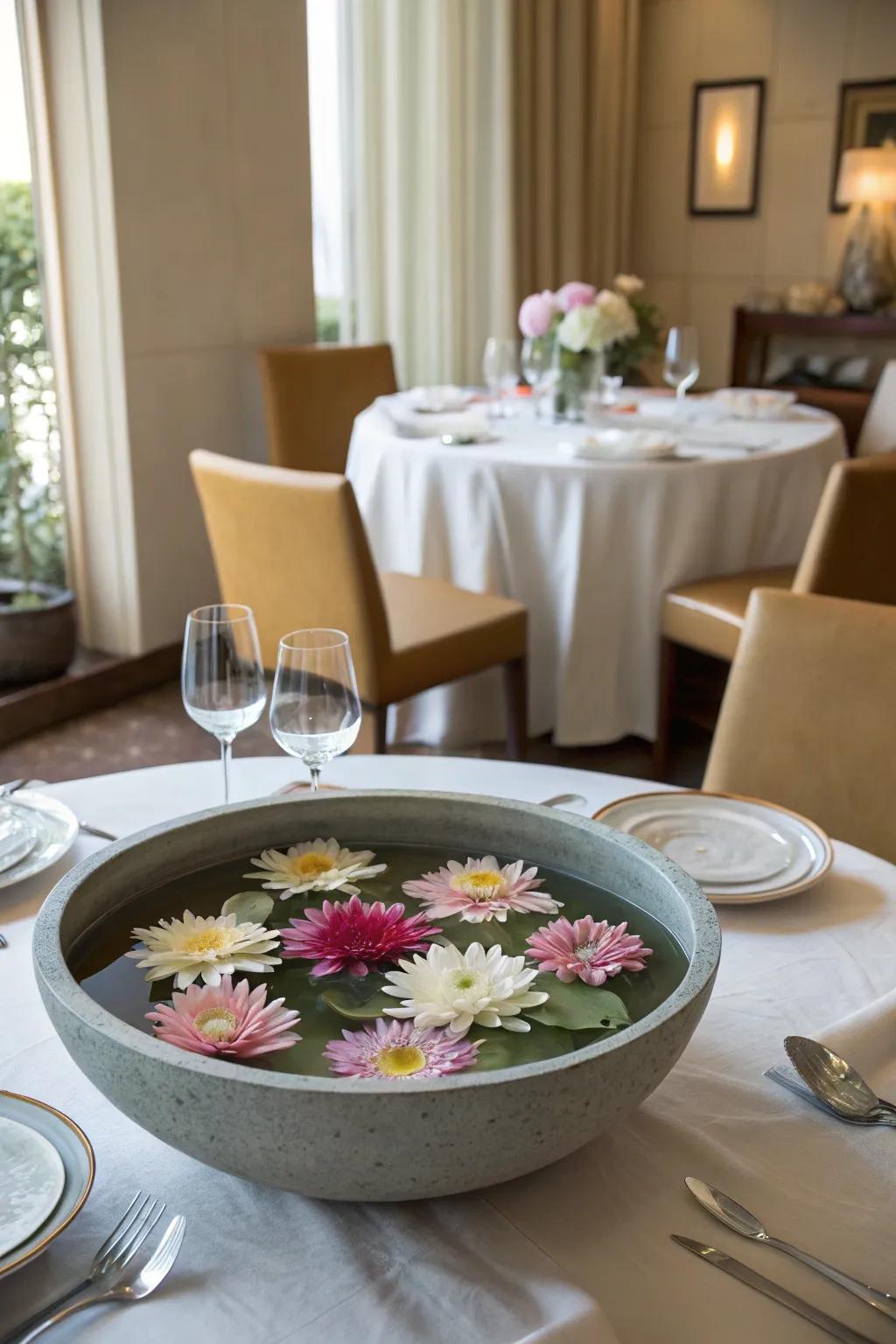 Floating flowers present an extraordinary and sophisticated centerpiece.