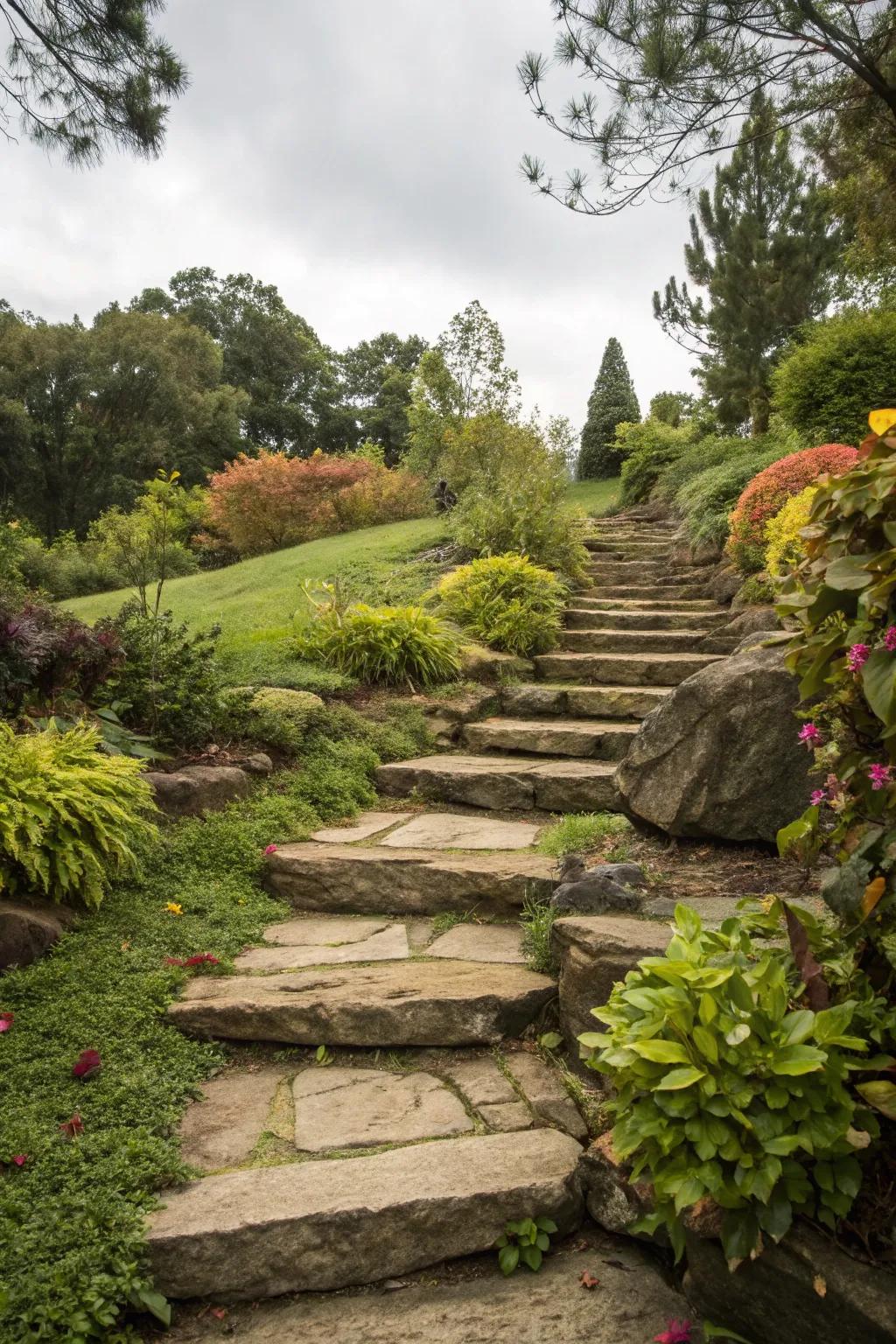 Rock stairs mix functionality with natural beauty.