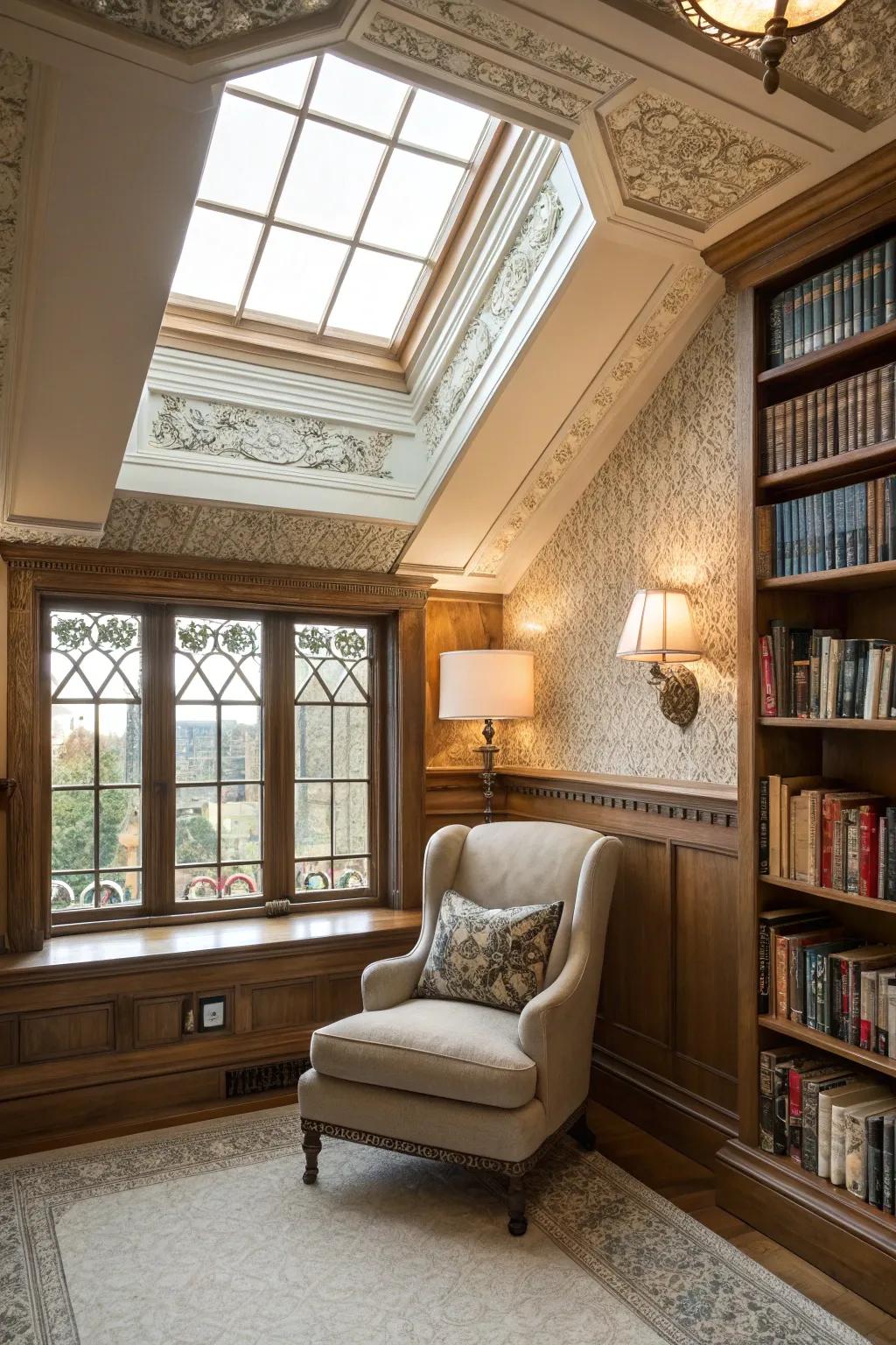 A cozy reading nook where the skylight is adorned with vintage-style trim.
