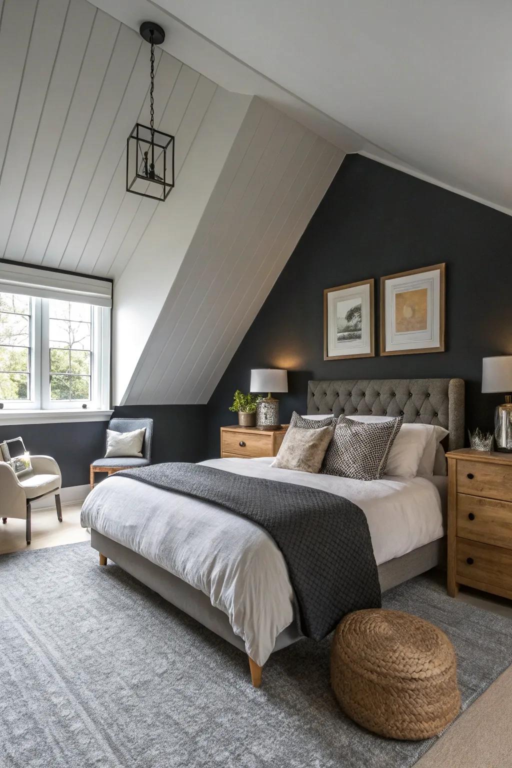 This elegant bedroom's dark ceiling provides a striking focal point.