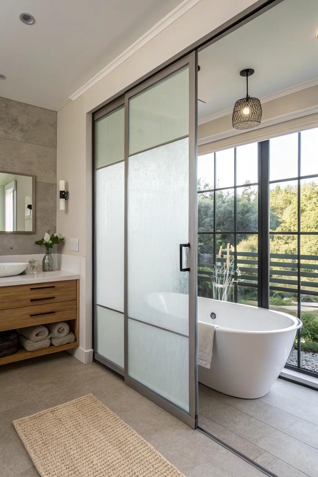 This frosted glass sliding door provides privacy and style in the bathroom.