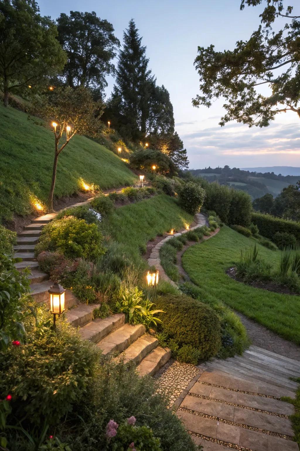 Solar lights brighten pathways in an eco-friendly way.