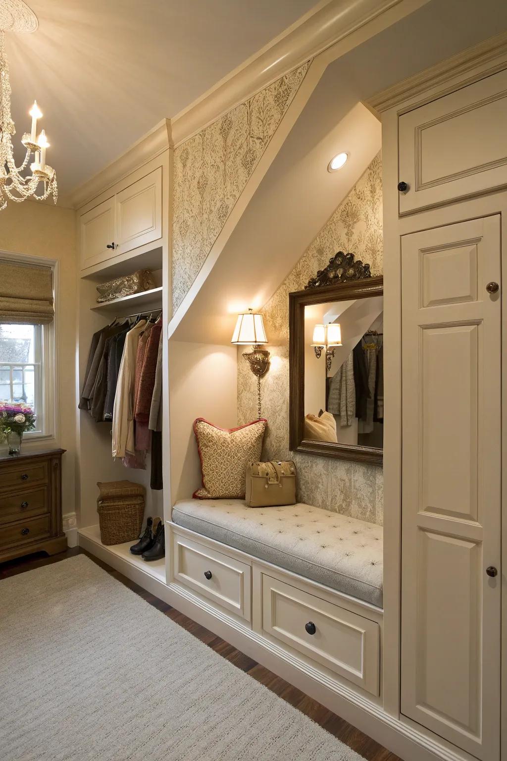 A dressing area adds a personal and luxurious touch to your closet.