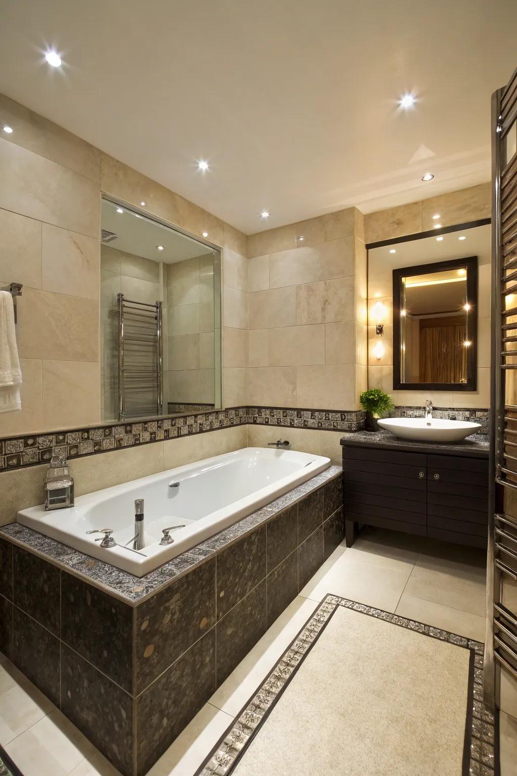 A sunken tub offers a luxurious feel in a small bathroom.