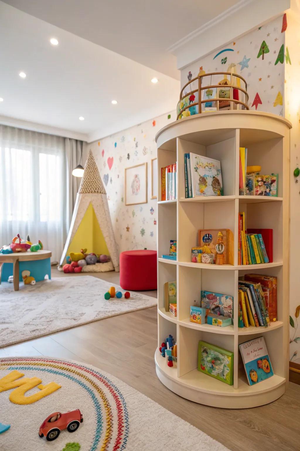 Revolving book organizers are amusing and pragmatic.