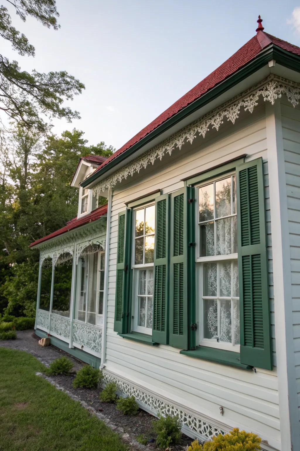 Elegant ornamental trim enhances this cottage's charm.